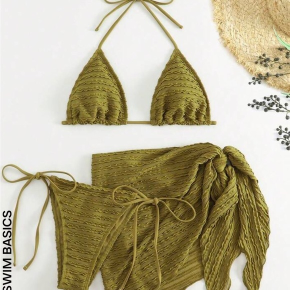 SHEIN Swim Basics Summer Beach Smocked Halter Triangle Bikini Set With Skirt - Picture 2 of 9